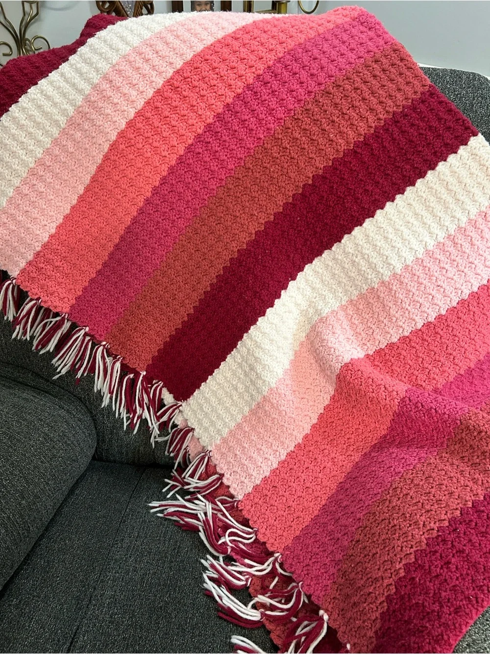 Vintage Handmade Crochet Afghan Throw Pink Burgundy Fringe 47x53